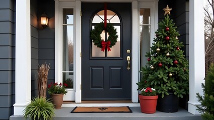 Fototapeta premium A Charming Holiday Front Porch adorned with Festive Christmas Decorations and Decor
