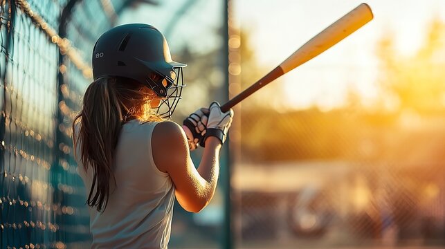 A player practicing her swing at the batting cage, with soft focus on the background.