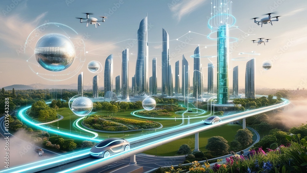 Poster digital green smart city with floating tech elements and connections