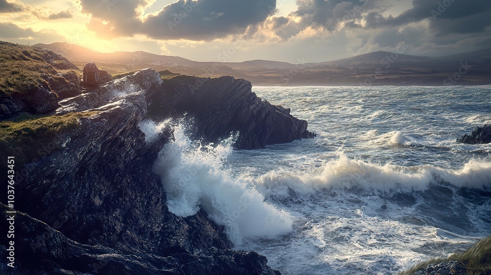 Poster a rocky coastal path with waves crashing against the cliffs, featuring a backpack resting on the edg