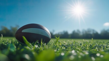 A rugby ball placed on the tee for a conversion kick, with a clear blue sky as the backdrop.