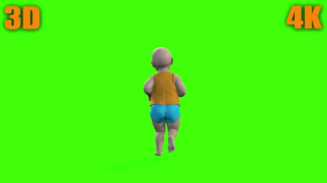 4k Animation of a Cute baby boy cartoon in blue napi running animation with a back side view on the green screen background, 3d rendering of a little kid in a diaper jogging loop on the chroma key