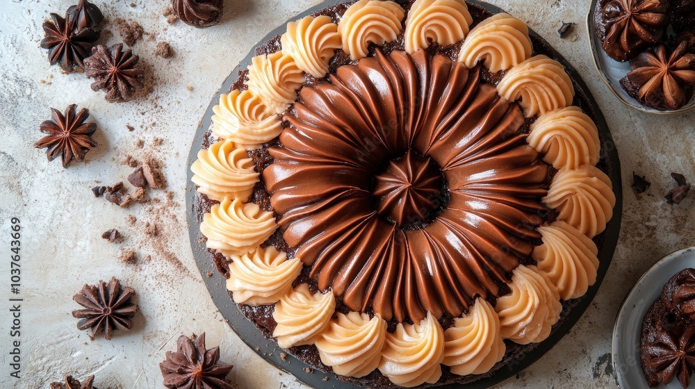 Poster elegant dobos torte presentation from hungary with top-down view of perfectly arranged layers and cu