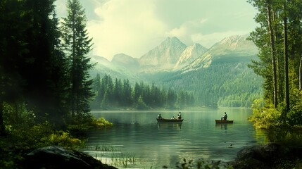 Naklejka premium A scenic mountain lake with a small group of anglers quietly fishing from the shore, framed by towering pines.