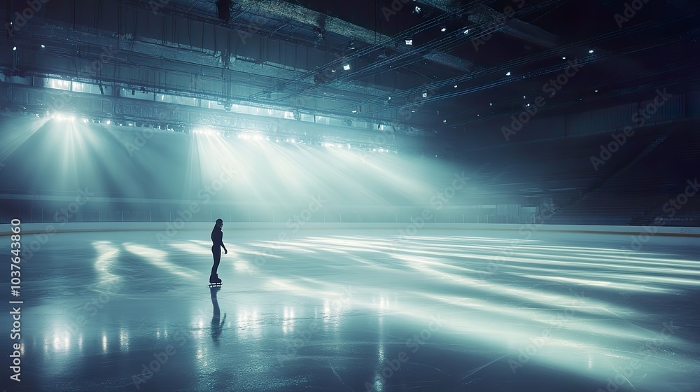 Poster a serene image of a figure skater rehearsing her routine in a softly lit arena, focused and determin