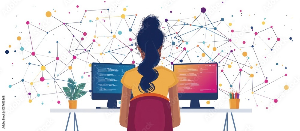 Canvas Prints woman working on her computer with a network of connections behind her.