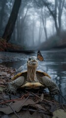 Obraz premium Tortoise Resting Near Pond with Butterfly on Shell in a Misty Forest Setting