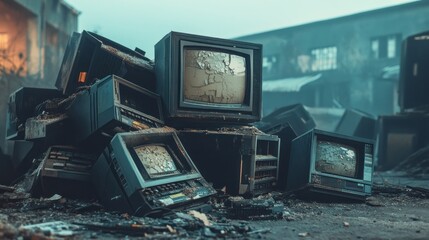 A pile of old, damaged televisions in a desolate, industrial setting.