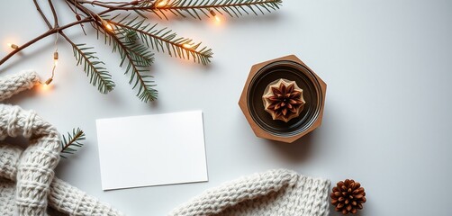 Fototapeta premium Cozy Winter Flat Lay with Blank Card, Coffee, and Christmas Lights. Perfect for Holiday Greetings & Mockups.