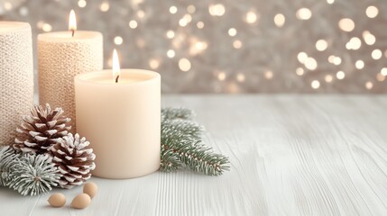 Cozy Christmas candlelight scene with pine cones and fir branches