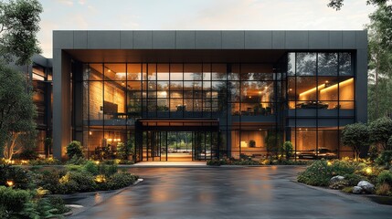 Fototapeta premium A modern and minimalist warehouse with a glass facade, an industrial building, a parking lot in front