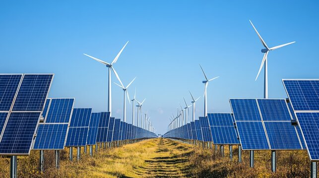 A renewable energy farm with rows of wind turbines and solar panels under a clear sky, Sustainable technology style, photo of
