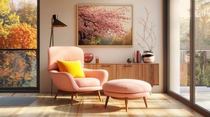 A pink arm chair with yellow cushion and flowers painting on the wall