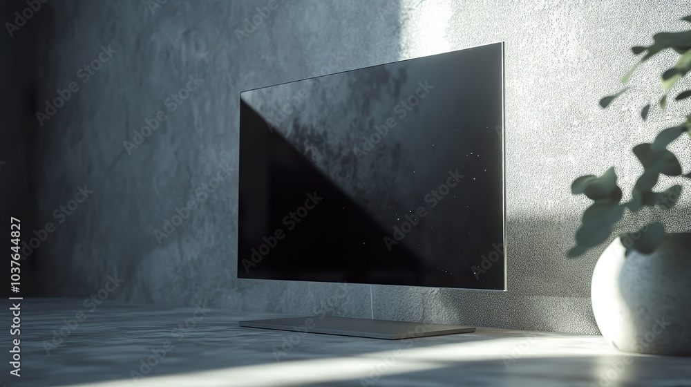 Poster a slim computer display placed on a light grey surface, illuminated by soft, diffused light.