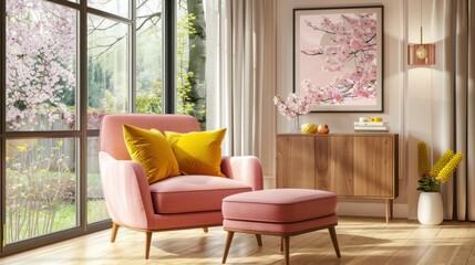 A pink arm chair with yellow cushion and flowers painting on the wall