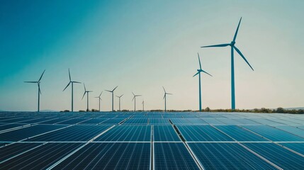 A renewable energy farm with rows of wind turbines and solar panels under a clear sky, Sustainable technology style, photo of