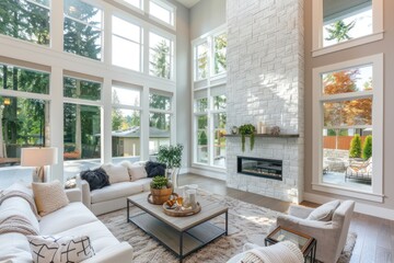 A modern spacious minimalist style living room with large windows and fireplace