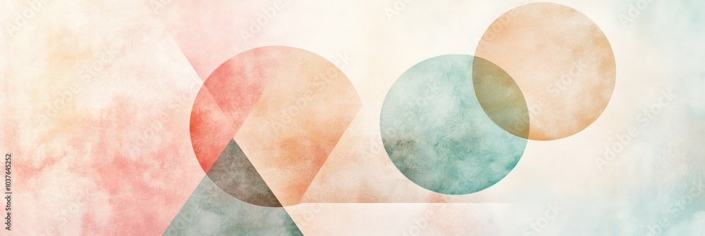 Fototapete colorful circles and triangles overlay a soft pastel background, creating an abstract composition th
