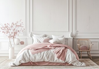 Minimalist bedroom pink and white themed with plain white wall