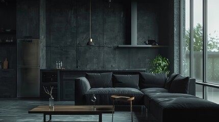 Dark themed black furnished living room