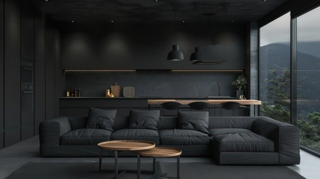 Dark themed black furnished living room