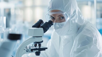 A research scientist in a cleanroom suit, analyzing samples with a microscope and laboratory equipment, looking directly into the lens