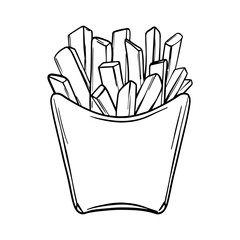 French fries sketch. Fried Potato chips hand drawn painted by black inks. Street fast food menu drawing in line art style. Food Vector illustration outline icon. Decoration for menus, showcases