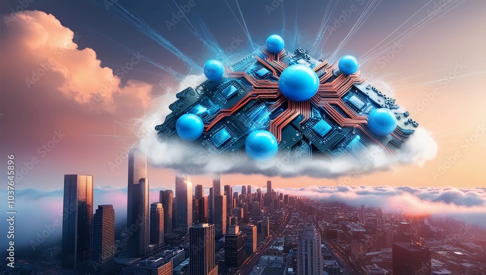Poster advanced cloud computing technology over a metropolis future of digital connectivity and data sharin