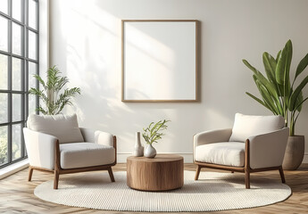 Modern Living Room Mockup: Two cozy armchairs flank a round wooden coffee table, creating a serene and stylish atmosphere in a sunlit room with large windows and indoor plants.