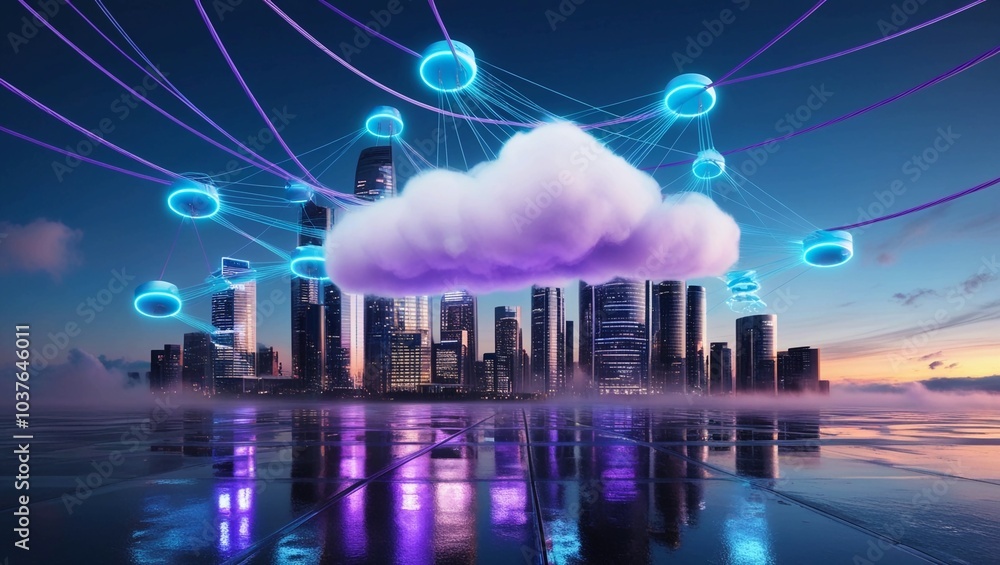 Poster advanced cloud computing technology over a metropolis future of digital connectivity and data sharin