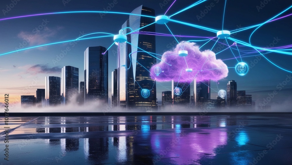 Poster advanced cloud computing technology over a metropolis future of digital connectivity and data sharin