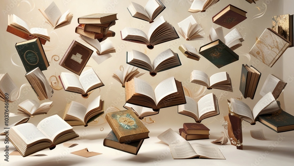 Poster artistic scatter of floating open books