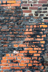 Red Brown Vintage Brick Wall With Shabby Structure. Horizontal Wide Brickwall Background. Grungy Red Brick Blank Wall Texture. Retro House Facade. Abstract Web Banner. Distressed Stonewall Surface