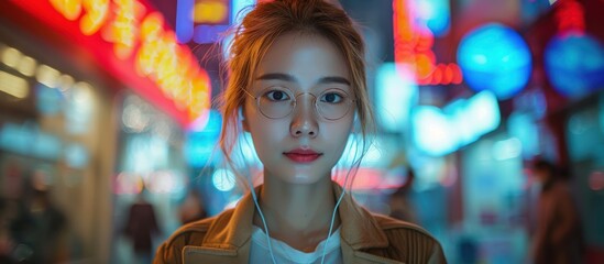 Obraz premium A young woman in glasses and a jacket stands in a city at night, looking directly at the camera, with colorful lights blurred in the background.