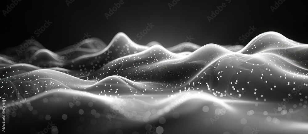Poster abstract white 3d wave pattern with light and dark particles on black background.
