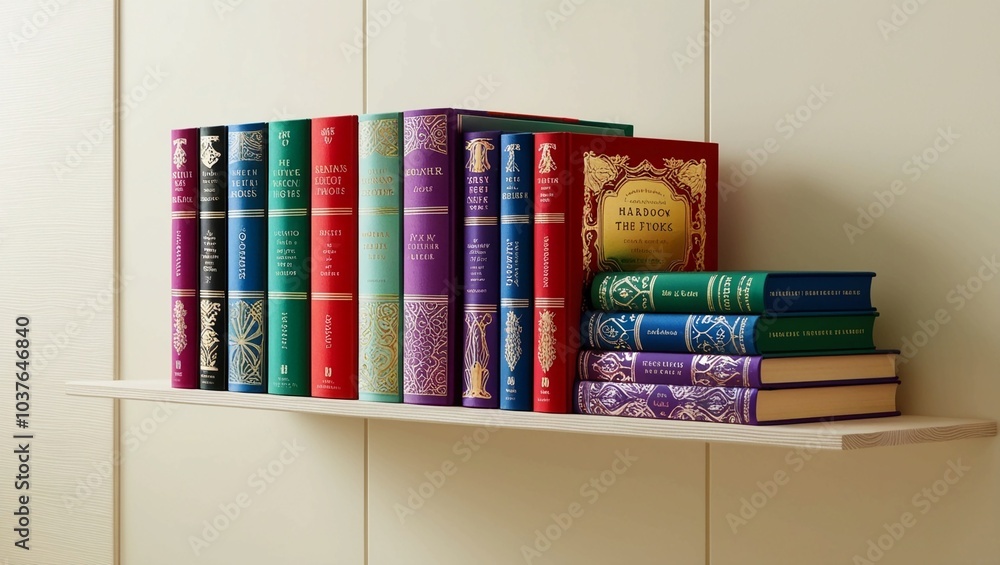 Poster row of colorful hardcover books stacked neatly on a shelf in a clean design