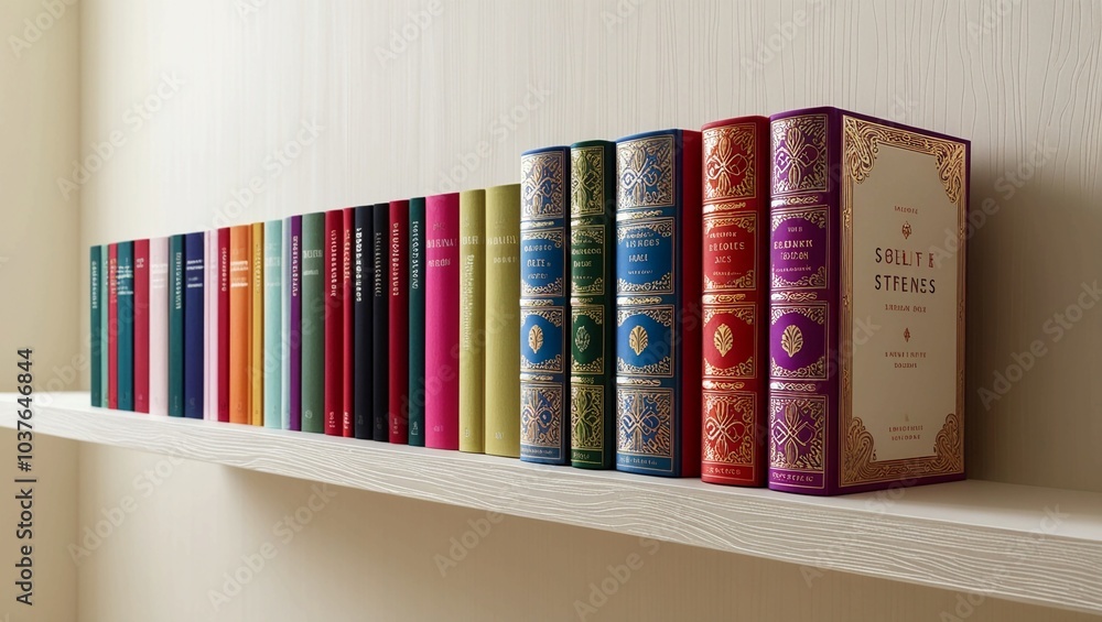 Poster row of colorful hardcover books stacked neatly on a shelf in a clean design