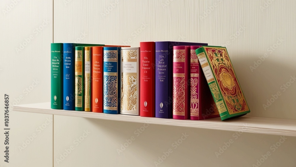 Poster row of colorful hardcover books stacked neatly on a shelf in a clean design