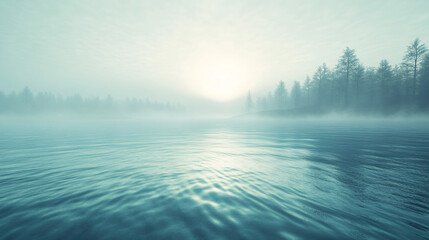 Fototapeta premium A foggy lake at sunrise with a mysterious aura and gentle waves.