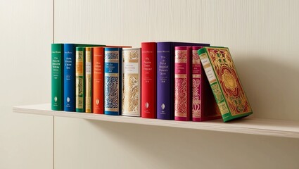 Naklejka premium Row of Colorful Hardcover Books Stacked Neatly on a Shelf in a Clean Design