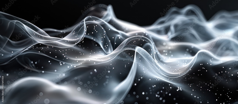 Poster abstract flowing smoke with bokeh effect against a black background.