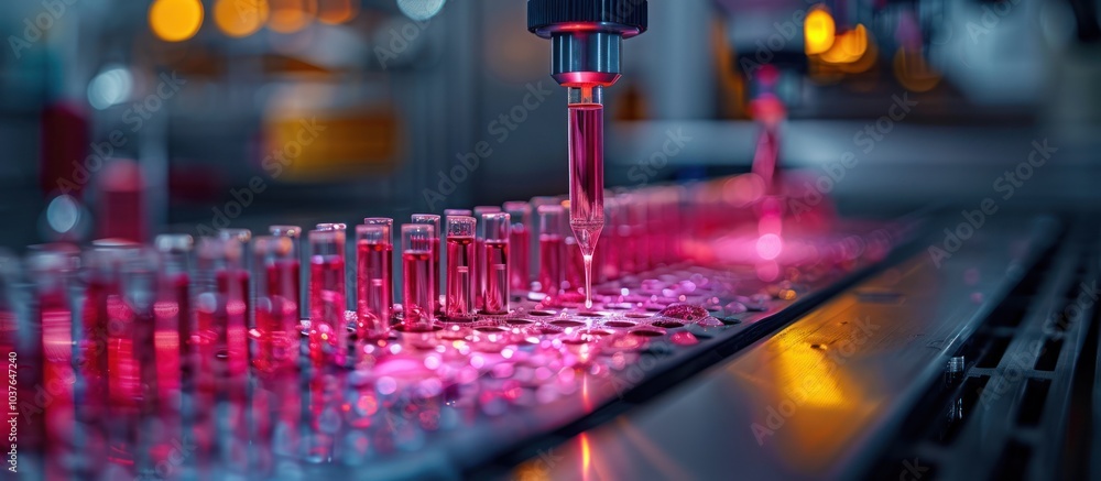 Poster a close-up of an automated machine dispensing liquid into a row of test tubes.