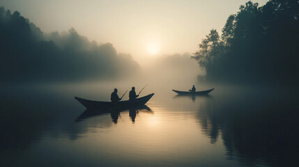 A foggy lake at dawn, with silhouettes of fishermen in small boats.