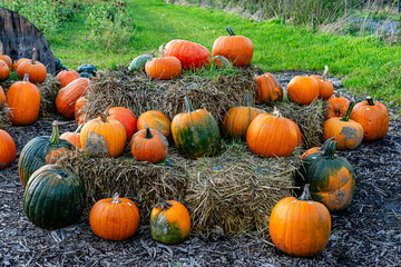 A festive fall display. There are three bales of hay, a flag that reads "Happy Fall Y'All", pumpkins, and decorations in the ground.