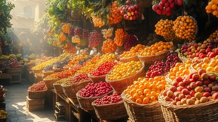 A vibrant fruit market with baskets overflowing with fresh produce, bathed in the golden light of the morning sun.