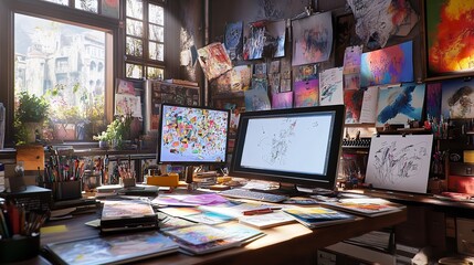 A Creative Desk Overflowing with Artistic Tools, Sketches, and Vibrant Paint Palettes