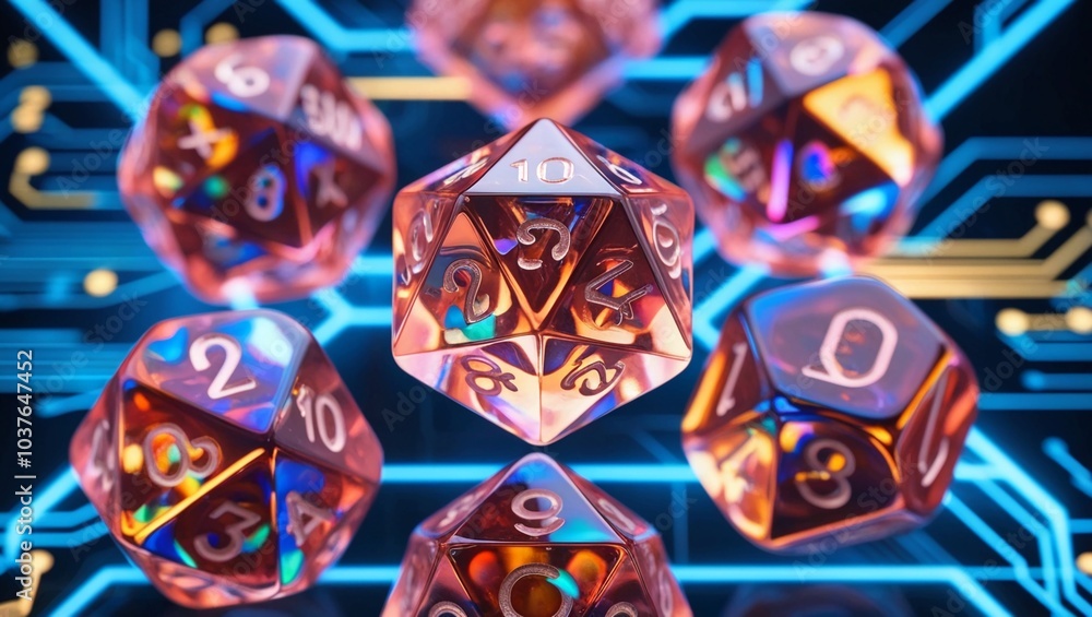 Poster closeup of translucent dice and a glowing tech grid, representing data science, digital innovation, 
