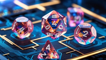   Closeup of translucent dice and a glowing tech grid, representing data science, digital innovation, and technology trends