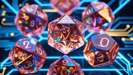   Closeup of translucent dice and a glowing tech grid, representing data science, digital innovation, and technology trends