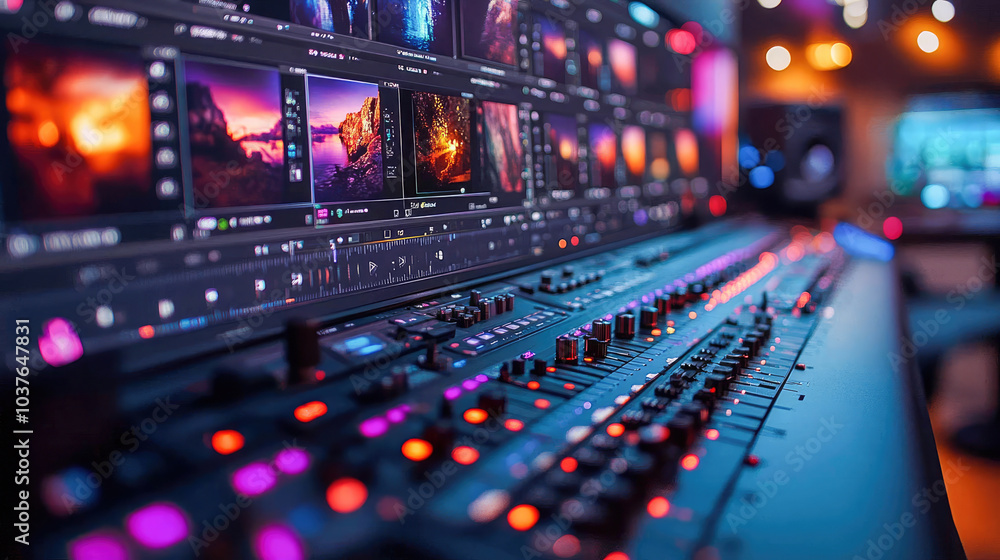Poster a control panel filled with knobs and buttons under neon lights, creating a vibrant atmosphere of a 